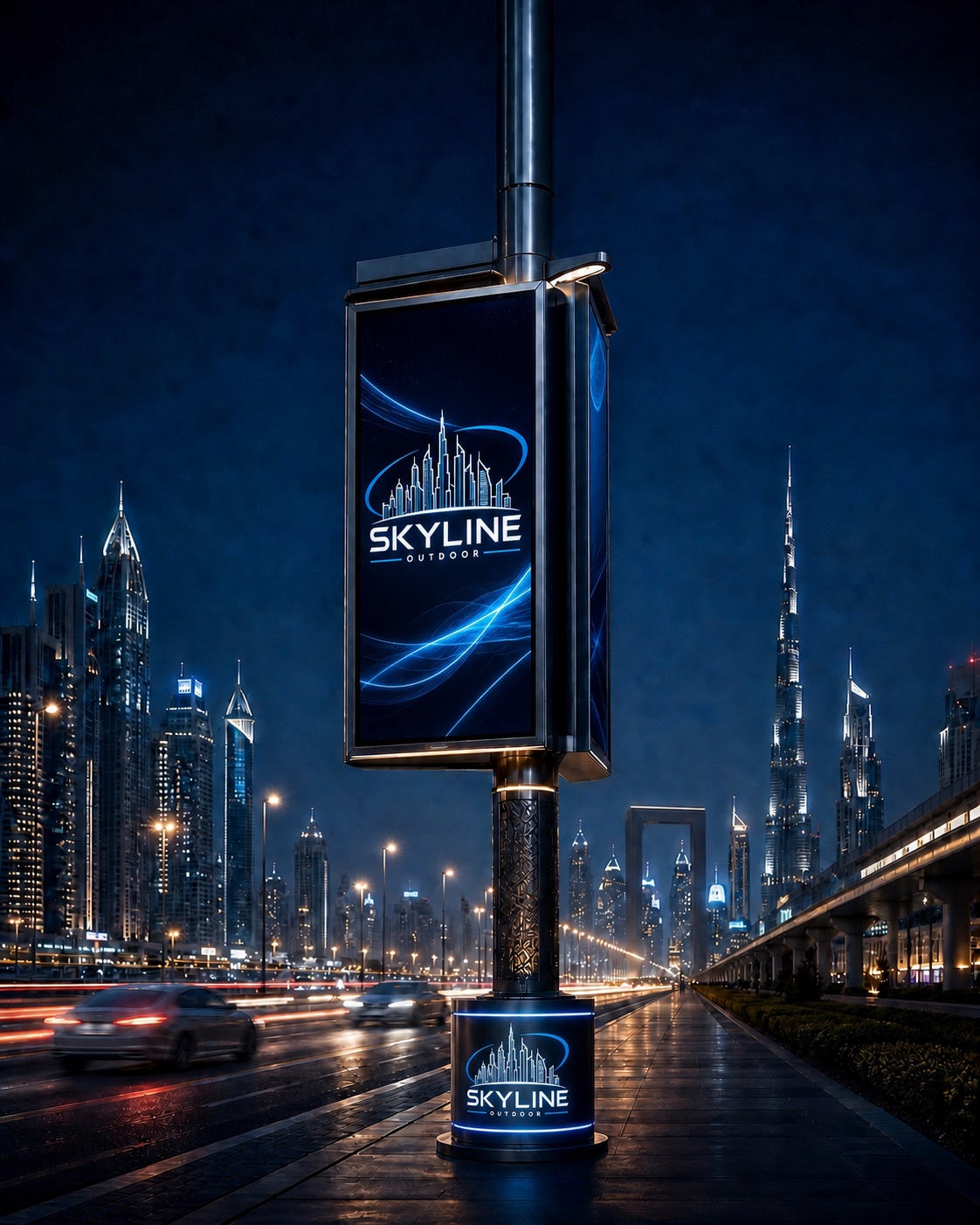 Full-frame illustration of the lamppost advertising format — not a photograph of this location